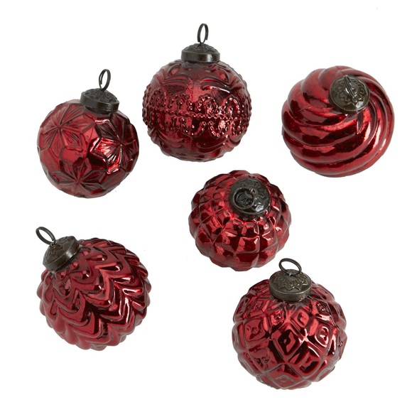 Pottery Barn Mercury Glass Adorned Retro Vintage Style Red Ornaments - Set of 6 - Picture 2 of 14